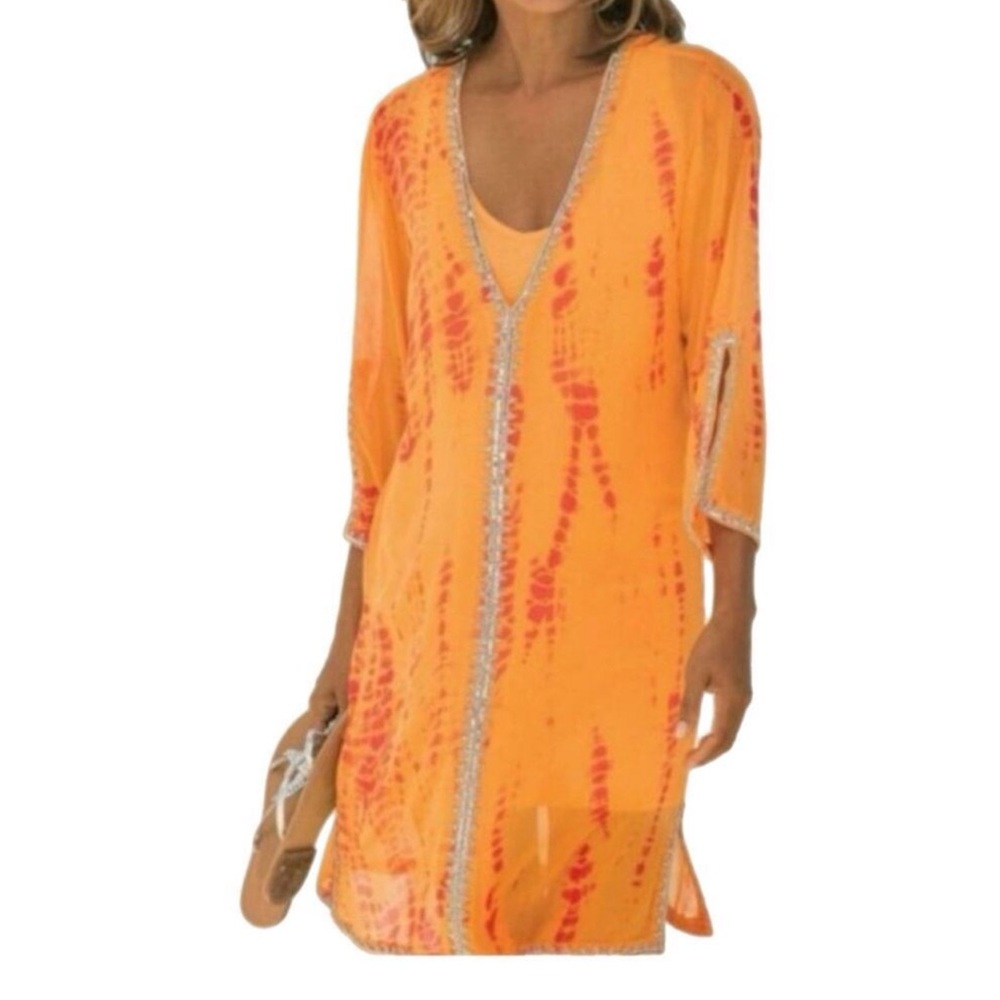 Soft Surroundings Kaftan Dress Large Sequined Beaded Orange Tie Dye Cover-Up 3XL - Picture 3 of 10